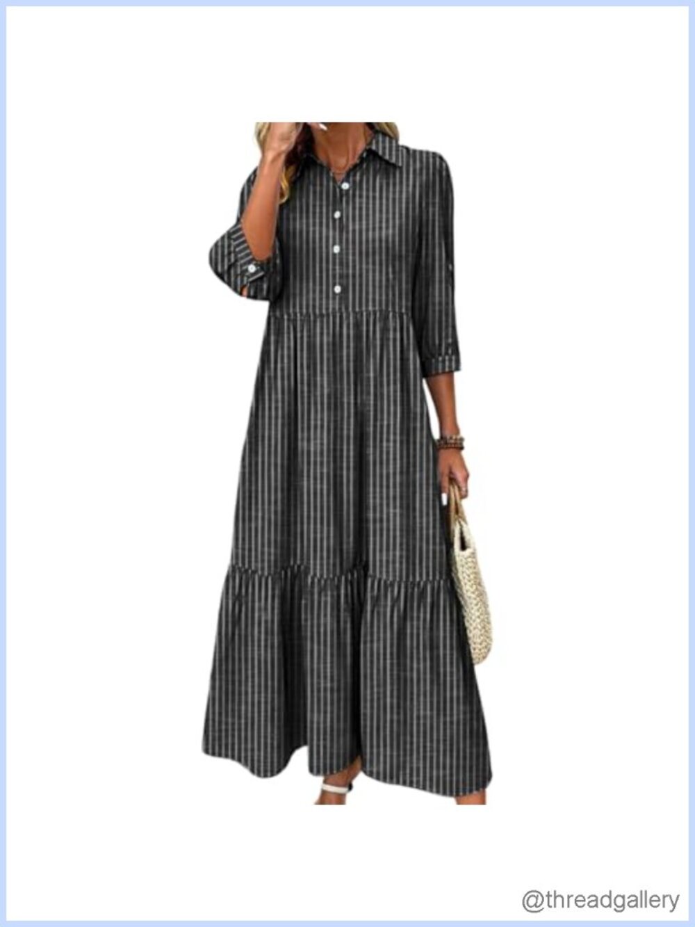 Womens Striped Tiered Maxi Dress 3/4 Sleeve Button Down Shirt Dress